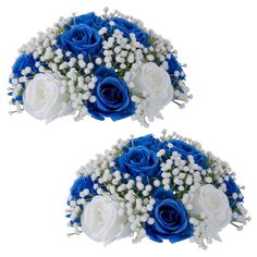 two bouquets of blue and white flowers