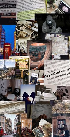 a collage of photos with different types of things in them, including books and magazines