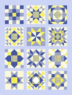 nine blocks of blue and yellow quilts with squares in the middle, each block has an individual's own design