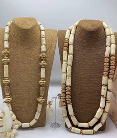 This jewelry is made from Original benin white coral beads and designed with non tanish gold accessories. The set consist of 2 layered necklace,a set of earrings for the bride. The groom set consist of 1 long layer of the benin beads and 1 elastic bracelet to make a complete couple set. You want a custom order??? Please chat me up. PS: Dudu Republic is not liable for import taxes, customs duties, and/or any other fees imposed by the destination country. Feel free to start a conversation with me. Traditional White Polished Beads Jewelry, Wedding Jewelry With 108 Beads, White Hand-strung Wedding Necklaces, White Hand-strung Necklaces For Wedding, Bohemian Beige Wedding Jewelry, Traditional White Beaded Necklace For Gift, Bohemian Beige Jewelry For Wedding, Traditional Large Beads Jewelry For Ceremonies, Traditional Jewelry With Large Beads For Ceremonies