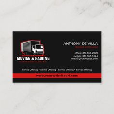 business card for moving and hauling, with a truck on the front in black and red