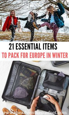 the contents of an open suitcase with text overlay that reads 21 essential items to pack for europe in winter