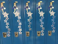 the lockers are decorated with stars and cheerleader's names for each team