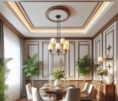 an elegant dining room with white chairs and wood paneled walls, along with potted plants