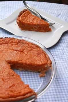 a piece of pie sitting on top of a plate next to a slice of cake