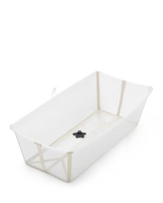 a white plastic tray with handles and straps on the bottom, in front of a white background