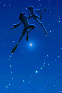 two people floating in the air on top of a star filled sky