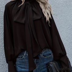 Lasaky - Elegant Ruffle Trim Tie Neck Blouse - Classic Long Sleeve Solid Blouse for Spring & Summer - Exquisite Womens Clothing Chic Blouses, Off Shoulder Fashion, Blouse Casual, Tie Neck Blouse, Fur Fashion, Classic Outfits, Clothing Size Chart, Womens Clothing Sizes, Casual Blouse