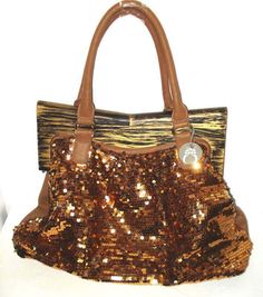 The item from smoke and pet free home.   New With Tags -  Bonposh Fabulous Large Sparkling Sequinned, Gold Handbag w/Wooden Clasp, L17" x H14"x W6". Original Price is $174.95. Condition:     EXCELLENT with NO signs of use/wear. NO stains, holes, tears, weak/worn areas, mends, etc. (see photos for details). Brown Fall Party Bags, Fall Party Brown Bags, Brown Party Bags For Fall, Brown Bags With Wooden Handle For Everyday Use, Gold Handbag, Gold Handbags, Bags Handbags, Shoe Accessories, Bag Lady