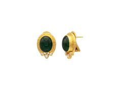 GURHAN, GURHAN Muse Gold Emerald Stud Earrings, 14x12mm Oval set in Wide Frame Traditional Oval Cabochon Earrings, Emerald Stud Earrings, Emerald Earrings Studs, The Muse, Gold Clips, Recycled Gold, Pure Gold, White Stone, Green Stone