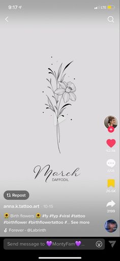 March Birth flower Small Tattoo Tattoo Ideas March Flower, March Tattoo Design, Dainty Daffodil Tattoo With Name, Interesting Flower Tattoo, Fine Line March Flower Tattoo, Holly And Daffodil Tattoo, March Tattoo Ideas Birth Month Women, March Birth Flowers Tattoo