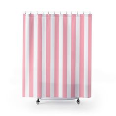 a pink and white striped shower curtain with wheels on the bottom, in front of a white background