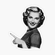 a black and white drawing of a woman pointing to the side with her index finger