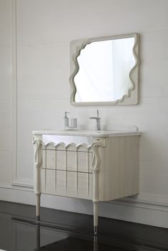 a bathroom vanity with a mirror above it