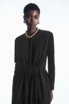 ASYMMETRIC GATHERED-WAIST MIDI DRESS - Black - Dresses - COS Cos Dress, Autumn Winter 2023, Knitted Dresses, Printed Dresses, Winter 2023, Black Dresses