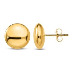 Get a unique and distinctive style with these eye-catching button earrings. Crafted from 14K yellow gold, these 12mm earrings gleams with polished finish and secure in place with friction backs for worry free wear. These stud earrings are perfect to adorn your casual or formal wear. Classic Yellow Gold Round Plug Earrings, Classic Round Yellow Gold Plug Earrings, Button Studs, Jared The Galleria Of Jewelry, Button Earrings, Precious Jewelry, Gold Buttons, Earring Backs, Designer Earrings