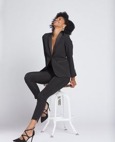 Women's Black Tuxedo Jacket - The Groomsman Suit Fitted Fall Wedding Pantsuit, Fitted Elegant Blazer For Evening, Elegant Fitted Blazer For Evening, Fitted Elegant Evening Blazer, Fall Wedding Fitted Pantsuit, Chic Fall Wedding Pantsuit, Elegant Notch Lapel Tuxedo For Office, Party Tuxedo Pantsuit With Long Sleeves, Elegant Fall Formal Suits