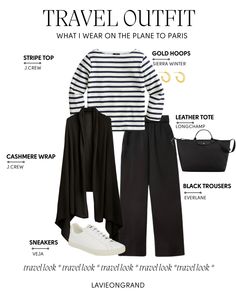 stripes and trousers paris travel outfit Travel Airplane Outfit, Europe Flight Outfit, Parisian Airport Style Travel Outfits, Black Blazer Travel Outfit, Packing For Work Trip Business Travel Capsule Wardrobe, Chic Black And White Travel Bag, Paris Winter Travel Capsule, Chic Travel Outfit, Comfortable Travel Outfit