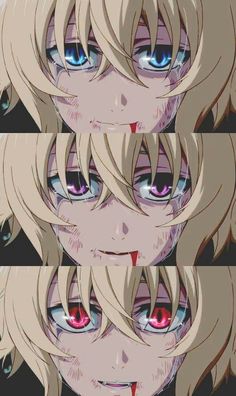 three different pictures of the same person's face with red eyes and blonde hair