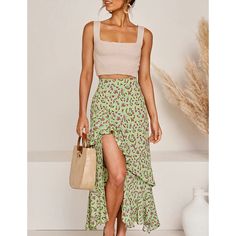 Green Elastic Waist High Low Ruffled Floral Skirt Beach Maxi Skirt, Printed Long Skirt, Romantic Floral Print, Bubble Skirt, Spring Boho, Long Maxi Skirts, Long Skirts, Maxi Dress Cotton, A To Z