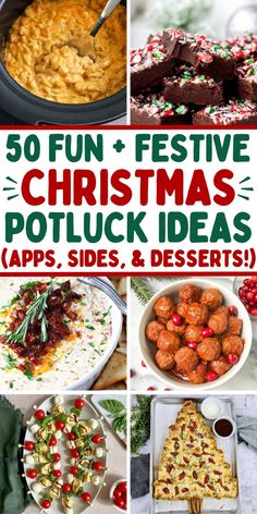 The best holiday potluck recipes for Christmas including crockpot dips and appetizers, finger foods, side dishes, festive salads, desserts and main dishes. These Christmas themed potluck ideas are perfect for work or holiday parties with friends and family. Christmas Food For Work Party, Open House Christmas Party Food, Christmas Carol Themed Party Food, Easy Side Dishes For Christmas Party, Christmas Potluck Ideas Office, December Potluck Ideas, Christmas Party Crockpot Recipes, Dish For Christmas Party, Holiday Potluck Ideas Work