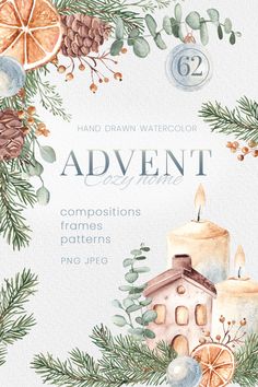 a watercolor christmas card with candles, pine cones and oranges on the front