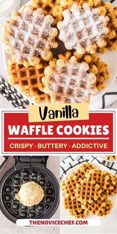 vanilla waffle cookies on a plate with butter and powdered sugar in the middle