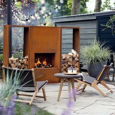 an outdoor fire place with chairs and tables