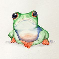 a watercolor painting of a green frog sitting on the ground with its eyes wide open