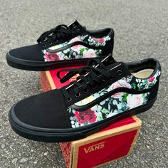 Whimsical Roses on black/black Vans Old Skool Sneakers.We buy each pair of blank shoes BRAND NEW from the Vans retail store. Each pair is made to order, please make sure you put in the correct shoe size before you check out. The ink is permanent and will never come off. Made in the USA. This price includes everything: shoes, artwork, and shipping. Sizes listed are in US sizing scale. If you have any issues with your order, please feel free to reach out to us and we will be more than glad to help you!Note: Blvd Custom is in no way affiliated with any of the shoe brands or companies that are featured on our website. Each pair of shoes is ordered lawfully bought at retail price. Shoes Artwork, Custom Vans Shoes, Halloween Shoes, Nike Converse, Black Vans, Men's Vans, Custom Vans, Shoes Brand, Womens Vans