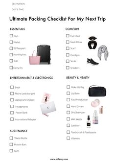 the ultimate packing checklist for my next trip is shown in this printable form