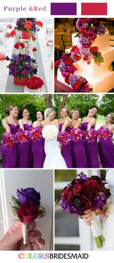 purple and red wedding color scheme with bridesmaid bouquets, flowers, and cake