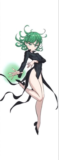 an anime character with green hair and black clothes, holding her arms out to the side