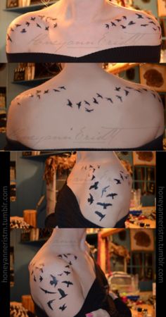 the back of a mannequin's head with birds painted on its body