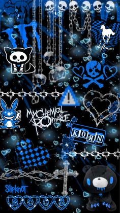 a bunch of blue and black wallpapers with skulls, hearts, and other items