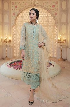 Party Wear Dress Pakistani in Sky Blue Shade Handmade Embellishments, Pakistani Party Wear, Organza Sleeves, Pakistani Wedding Dress, Pakistani Fancy Dresses, Elegant Embroidery, Embroidered Organza, Ladies Clothing, Shalwar Kameez