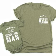 Mountain Mama & Little Mountain Man © // Unisex T Shirt IMPORTANT NOTE: This is a unisex shirt. Order your normal size for a loose fit, or size down one for a more fitted look. Women normally prefer to size down in unisex sizing. Please reference the size chart before purchasing. SHIRT DETAILS: - Unisex tee 52% combed and ring-spun cotton, 48% poly - Machine wash cold, dry on lowest heat or hang dry - Light, airy fabric, super comfortable fit SHIPPING DETAILS: - All shirts are shipped via US Father Son Shirts, Mountain Mama, Mom Of Boys, Mommy And Me Shirt, Mama Shirts, Man Set, Mountain Man, Boy Mom, Baby Shirts