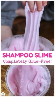 a hand holding a pink slime in a glass with the text shampoo slime completely glue - free