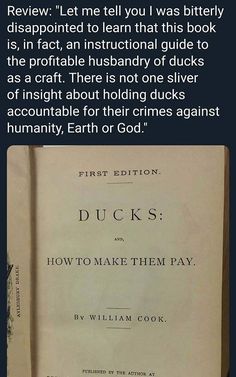 an old book with the title duck's written in black and white on it