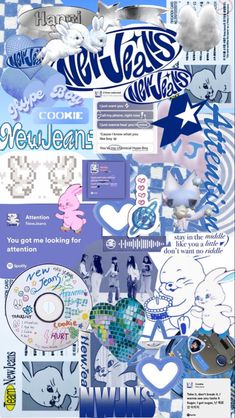 a collage of blue and white items with the words new years written on them