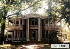 before and after photos of an old victorian house with porches on the second floor