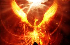 an image of a bird flying in the air with fire and sparks around it's wings