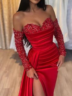 Sheath/Column Sweetheart Floor-Length Long Dresses With Split Side & Sequins Red Prom Dress Long, Prom Inspo, Junior Prom, Sequin Prom Dress, Long Sleeve Prom, Senior Prom, Evening Dress Fashion, Red Prom, فستان سهرة