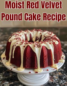 a red velvet pound cake with white icing on a plate and the words, most red velvet pound cake recipe