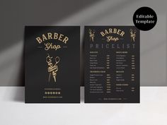 two black and gold barber shop menus on a white table with a gray background