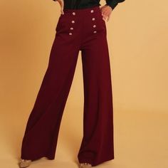 Elevate Your Style With Our High-Waisted Dressy Pants, A Perfect Fusion Of Sophistication And Contemporary Flair. These Pants Boast A Flattering High-Waist Design And A Wide-Leg Silhouette, Creating A Fashion-Forward Aesthetic That Effortlessly Exudes Elegance. The Button Detailing Adds A Unique Touch, Making These Pants A Standout Piece In Your Wardrobe. Key Features: 1. Fabric: Indulge In The Sleek And Polished Feel Of Our High-Waisted Dressy Pants, Crafted With 100% Polyester For A Luxurious Chic Non-stretch Dress Pants For Party, Solid High Waist Dress Pants For Evening, High Waist Dress Pants For Evening, Solid Color Evening Pants For Fall, Elegant Ankle-length Dress Pants For Party, Elegant Full-length Summer Dress Pants, Elegant Full Length Summer Dress Pants, High-waisted Dress Pants For Evening In Fall, Evening High-waisted Dress Pants For Fall