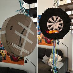 two pictures one with a tire and the other with a car wheel hanging from it's ceiling