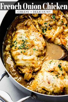 chicken with mushrooms and gravy in a skillet on a white counter top