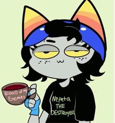 a drawing of a girl with cat ears holding a cup