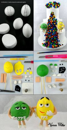 the cake is made to look like tennis balls and other things are on display in this collage